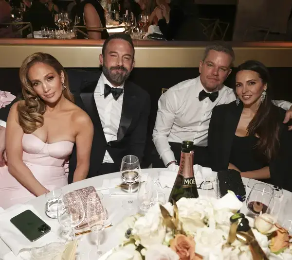 Jan 7, 2024; Beverly Hills, CA, USA; Jennifer Lopez, Ben Affleck, Matt Damon and Luciana Barroso at the 81st Annual Golden Globe Awards at the Beverly Hilton Hotel in Beverly Hills, Calif. Mandatory Credit: Sonja Flemming/Pool via USA TODAY NETWORK