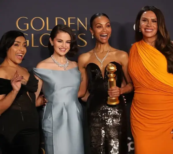 image of Golden Globes nominee Selena Gomez with Karla Sofía Gascón, Zoe Saldana, and Adriana Paz