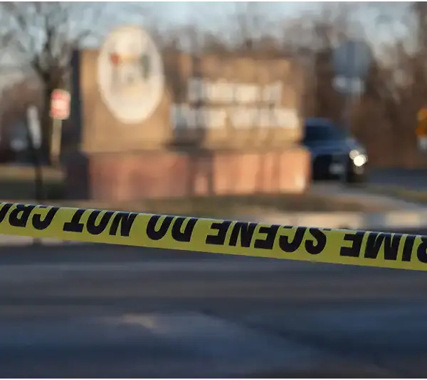 Crime scene tape creates a barrier in front of a blurred outdoor scene featuring a parked car and a sign. The atmosphere feels tense and serious. Recently, a fake ice agent robbed a home.