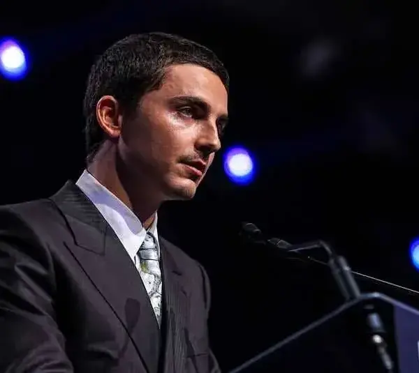Actor Timothée Chalamet accepts his spotlight award for his part in “Marty Supreme” during the Palm Springs International Film Awards in Palm Springs, Calif., Saturday, Jan. 3, 2026.