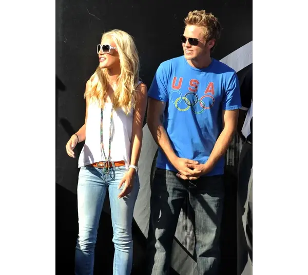Aug 31, 2008; Fontana, CA, USA: Heidi Montag (left), and Spencer Pratt at the Pepsi 500 at Auto Club Speedway. Mandatory Credit: Kirby Lee/Image of Sport-Imagn Images