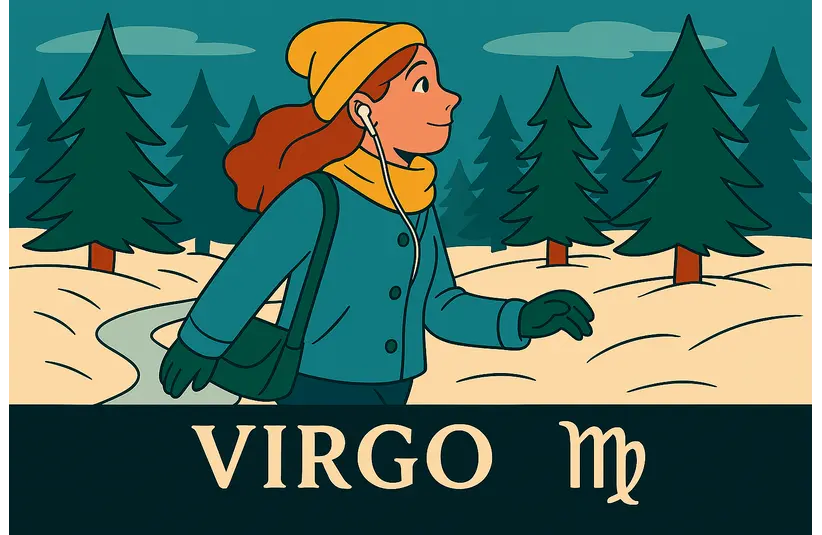 Animation-style Virgo, a woman, walking in a winter landscape, wearing earbuds. The word Virgo and the zodiac symbol are pictured.