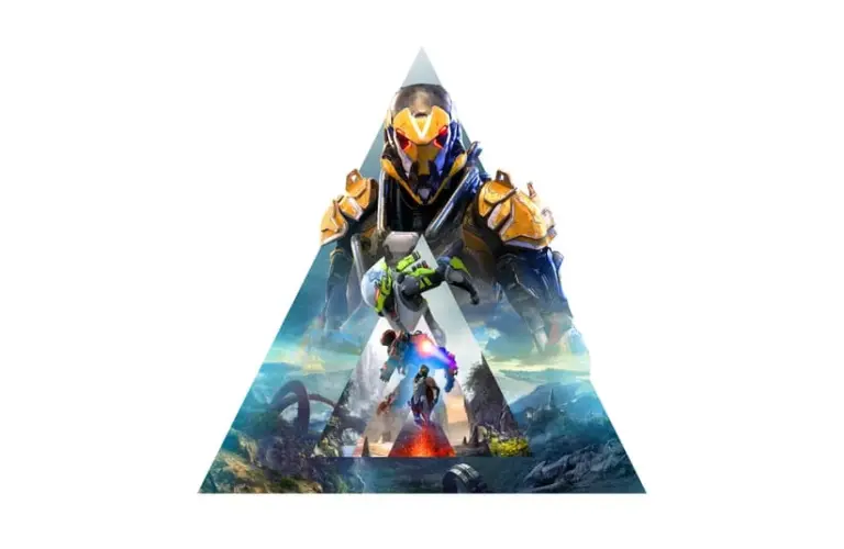Anthem Cover/The Anthem symbol with several player characters in different poses in different terrains