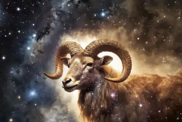 Aries Horoscope: A majestic ram with large, spiraled horns stands against a vivid starry galaxy background, conveying a sense of strength and cosmic wonder.