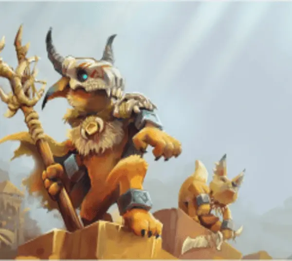 A Hytale fantasy creature wearing a horned skull helmet grips a staff, exuding bravery atop a stone ledge. Another creature sits nearby. Bright, ethereal lighting.
