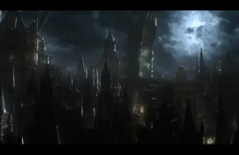 Bloodborne cityscape under a stormy night sky, with towering spires and a large clock tower. The scene is dramatic and eerie, evoking a sense of mystery.
