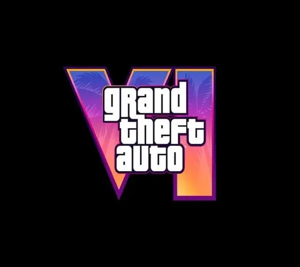 Rockstar's GTA 6 logo. Bold "VI" with palm trees and sunset gradient, fronted by "Grand Theft Auto" text in white, against a black background; vibrant and adventurous.