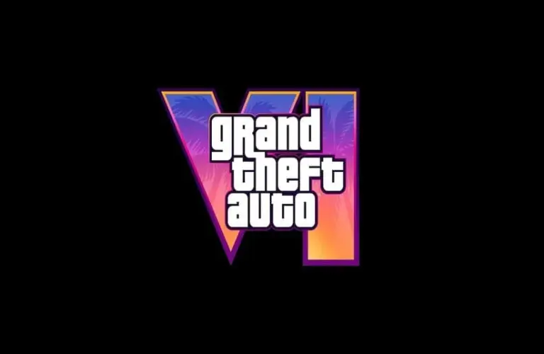 Rockstar's GTA 6 logo. Bold "VI" with palm trees and sunset gradient, fronted by "Grand Theft Auto" text in white, against a black background; vibrant and adventurous.