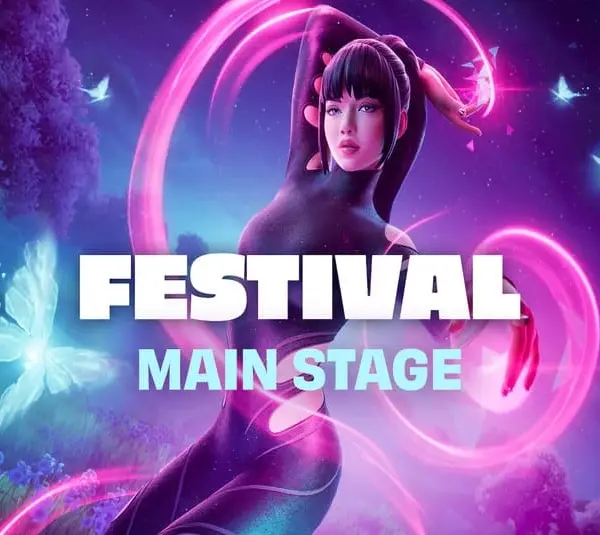 A futuristic woman, a Fortnite character, poses dramatically with pink and blue streaks of light swirling around her. The background features a magical forest with glowing butterflies. The text "FESTIVAL MAIN STAGE" is prominently displayed in bold letters.