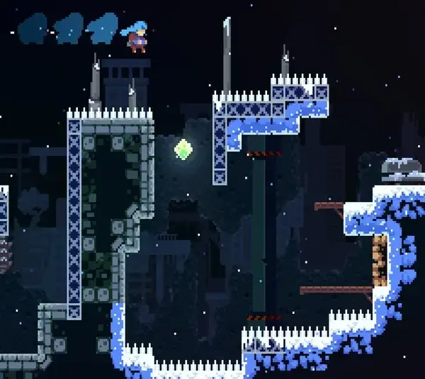 Madeline climbing the mountain in Celeste, one of the most awesome platformers in the world.