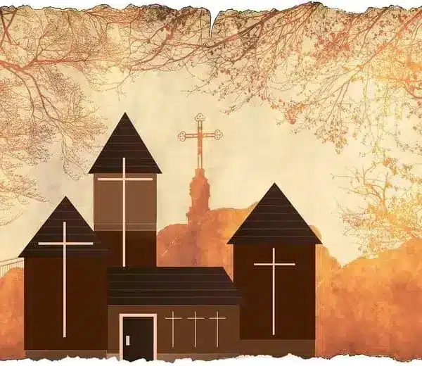 Illustration of a brown church with crosses, set against an orange, autumn backdrop. Leafy branches frame the scene, creating a serene, historic feel., Daily Devotion