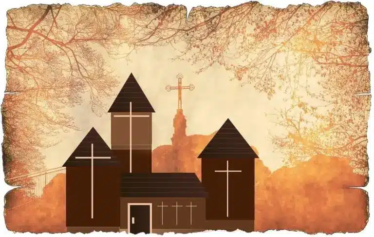 Illustration of a brown church with crosses, set against an orange, autumn backdrop. Leafy branches frame the scene, creating a serene, historic feel., Daily Devotion