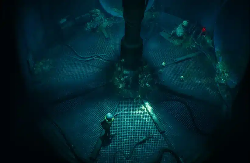 A character in End of Abyss in a green coat faces a large grotesque creature wielding a sword in a dark, eerie setting. The atmosphere is tense and foreboding.