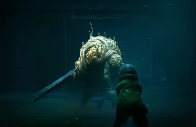 A character in End of Abyss in a green coat faces a large grotesque creature wielding a sword in a dark, eerie setting. The atmosphere is tense and foreboding.