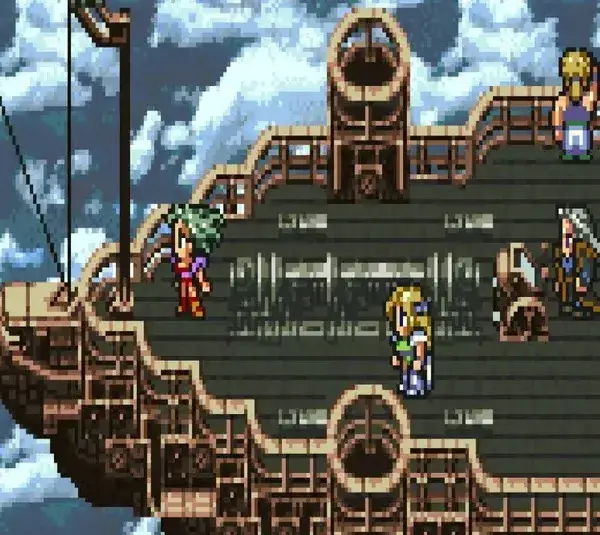 Screenshot from Final Fantasy Vi of characters on the airship during gameplay.