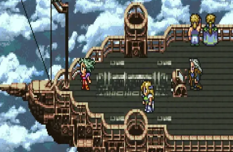 Screenshot from Final Fantasy Vi of characters on the airship during gameplay.