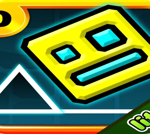 Bright, stylized game icon in Geometry Dash featuring a yellow square face with geometric eyes and mouth, set against a blue grid and white triangle. Bold "lite" text.