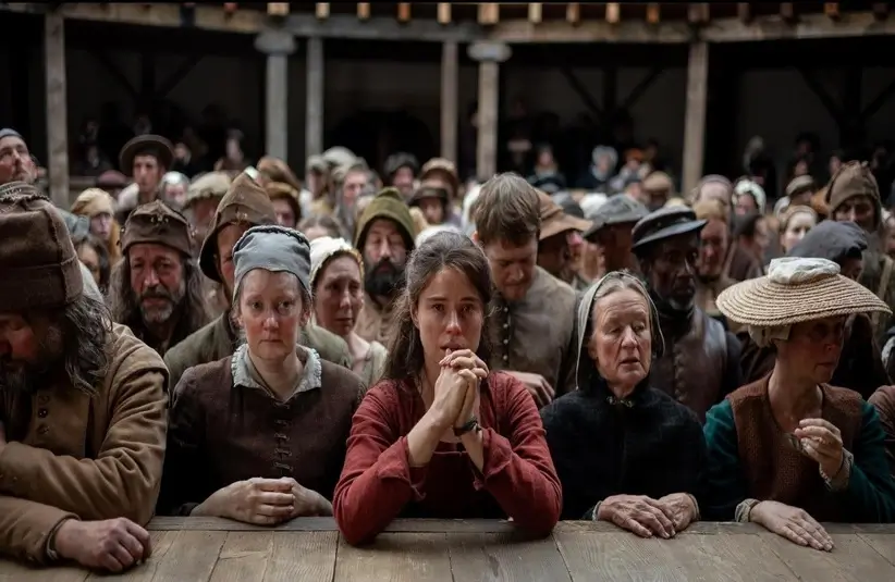 Jessie Buckley as Agnes going to see a Shakespeare play in Hamnet.