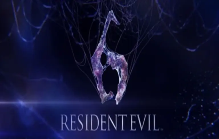 "Resident Evil 6 logo featuring a stylized purple 6 with web-like patterns on a dark blue background, conveying a tense, mysterious tone."
