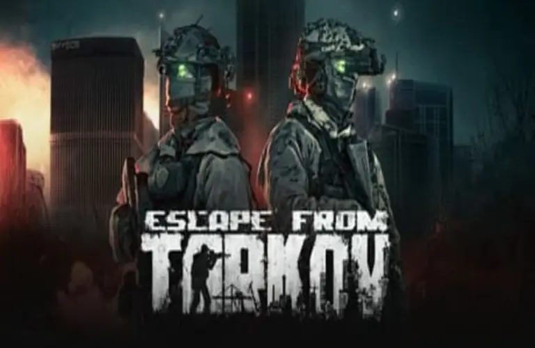 Escape From Tarkov cover. Two soldiers standing back to back in front of a cityscape with and setting sun and Escape from Tarkov title in the foreground