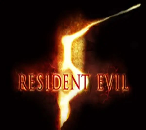 Glowing orange "5" with fiery effect behind bold "Resident Evil" text on a dark background, creating a mysterious, intense atmosphere.