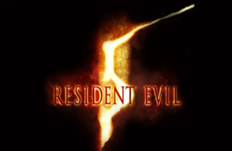 Glowing orange "5" with fiery effect behind bold "Resident Evil" text on a dark background, creating a mysterious, intense atmosphere.