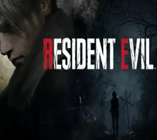 Dark, moody image of "Resident Evil 4." A somber character is on the left, facing down, with the title centered. A haunting forest scene is on the right. Chapter 0.