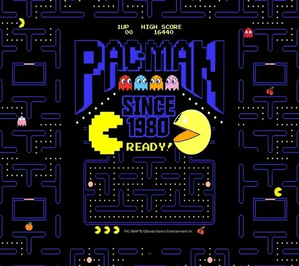 A promotional image for the Pac-Man exhibit at the Paley Museum