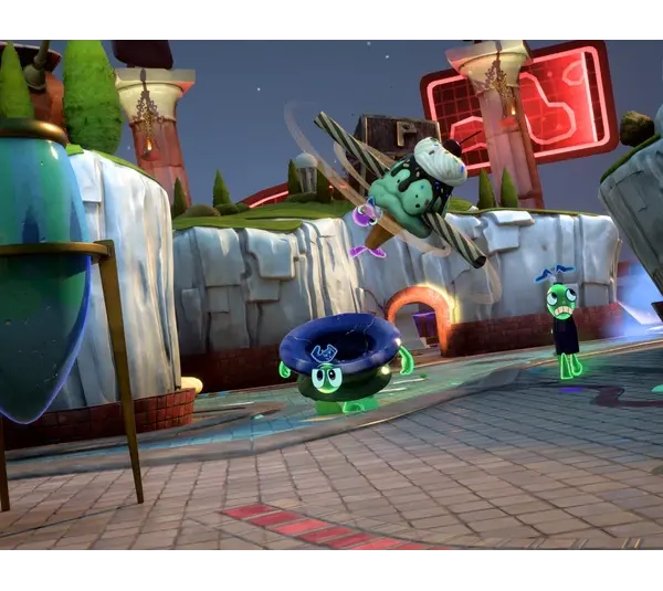 A battle scene in Kiln with quirky green ceramics on a battlefield. One character flies menacingly above while others watch below.