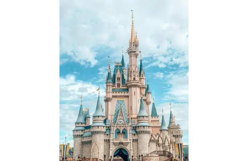 Photo of Cinderella's Castle in Disneyland with a blue sky in the background