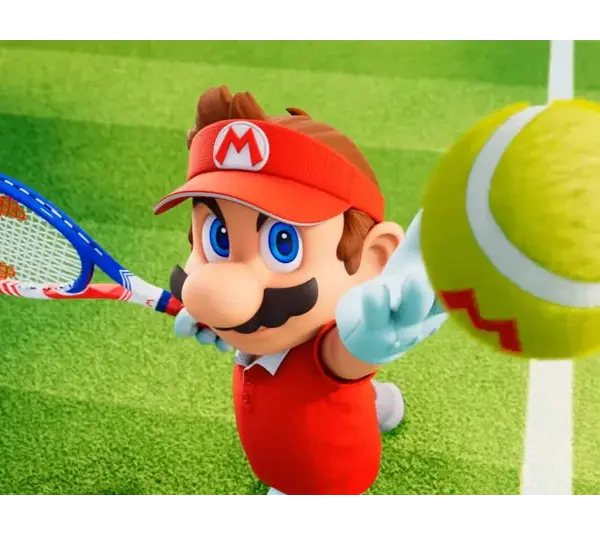 A cartoon character in a red outfit and visor, holding a tennis racket, hits a tennis ball on a vibrant green court, conveying energy and focus. Mario Tennis Fever