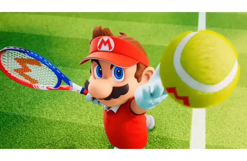 A cartoon character in a red outfit and visor, holding a tennis racket, hits a tennis ball on a vibrant green court, conveying energy and focus. Mario Tennis Fever