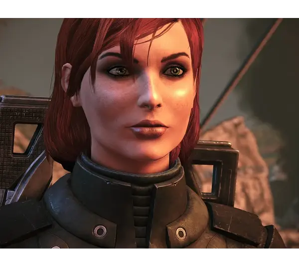 FemShep VA, Jennifer Hale, A Red-haired female character in futuristic armor, gazing confidently. Background shows rocky terrain, evoking a sci-fi, adventurous tone.