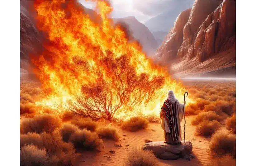 Moses faces the burning bush as in Exodus in the bible.