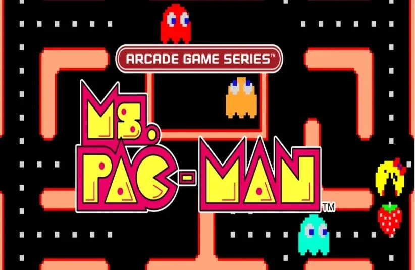 Image from Ms. Pac-Man, showing Ms. Pac-Man running from ghost through the maze.
