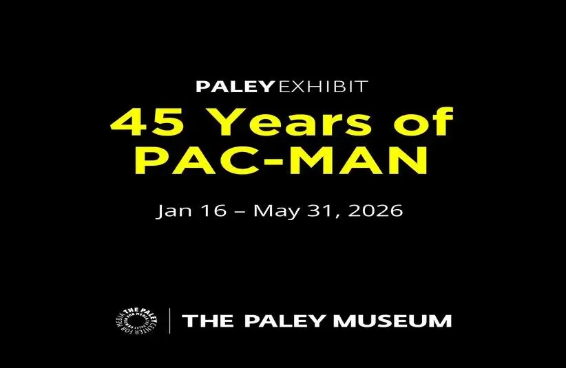 A promotional image for the Pac-Man exhibit at the Paley Museum