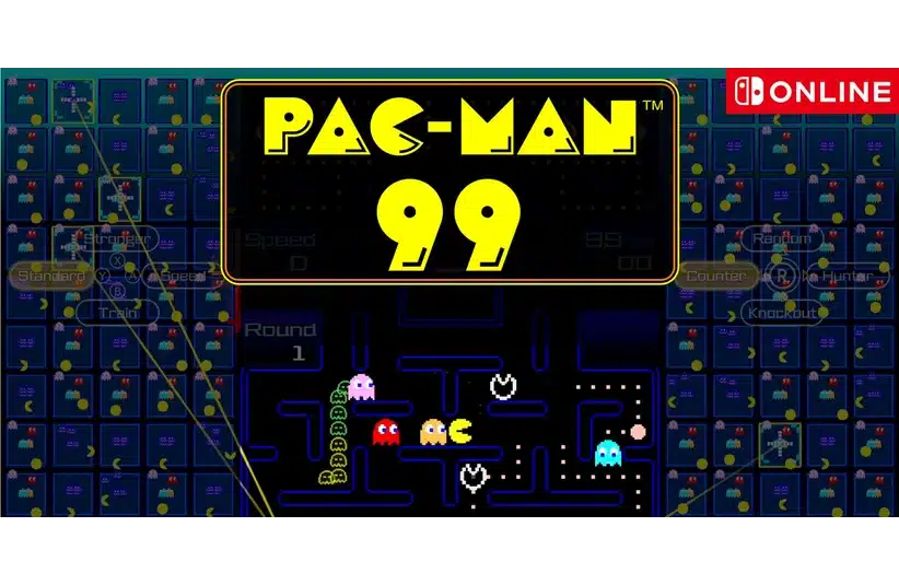 Image of "Pac-Man 99" game interface. Central maze with Pac-Man chased by colorful ghosts. Background shows multiple player screens. Exciting and competitive tone.