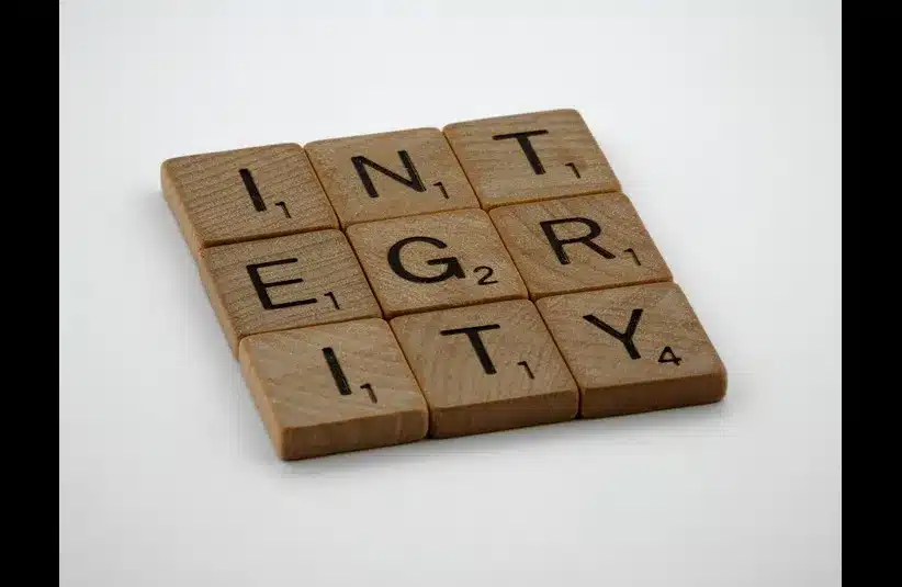In daily devotion, the word integrity is spelled out.