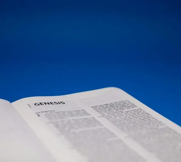 In daily devotion, a Bible is open to Genesis.