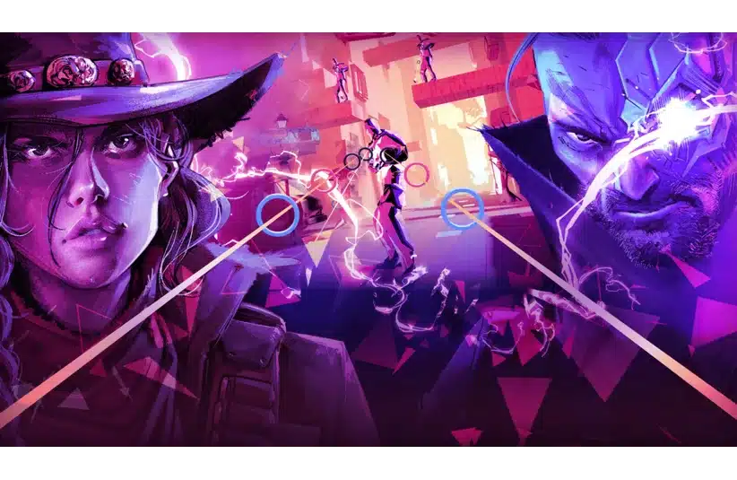 A vibrant digital illustration featuring two intense Pistol Whip, Cloudhead Games' characters. The left character is a person in a hat, while the right shows a stern face with glowing elements.