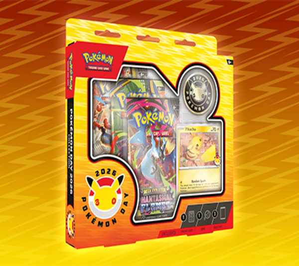 Pokemon training cards in a yellow package, in front of an orange background.