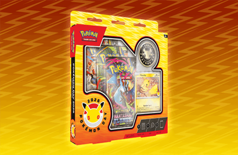Pokemon training cards in a yellow package, in front of an orange background.