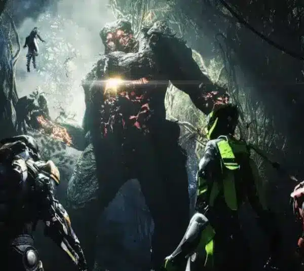 Anthem player characters are faces giant tree or stone like giants in a heavily forested area