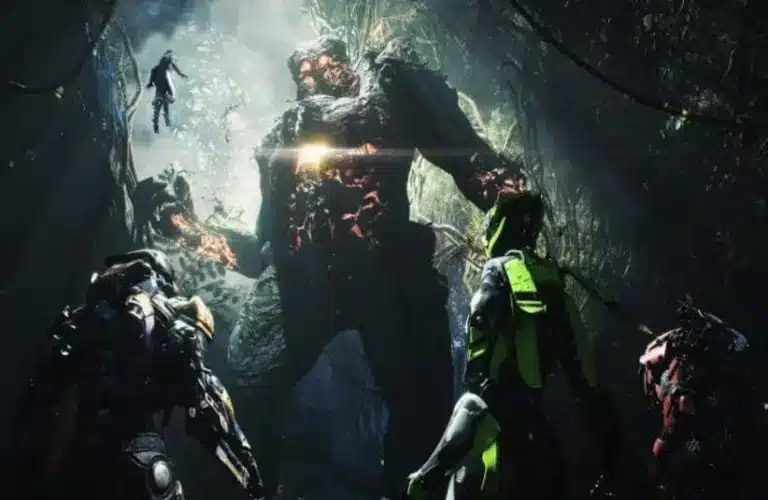 Anthem player characters are faces giant tree or stone like giants in a heavily forested area