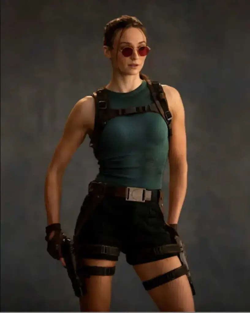 Press release photo of Sophie Turner as Lara Croft in the new Tomb Raider reboot