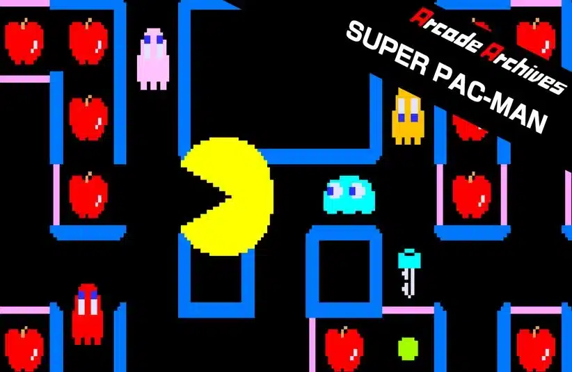 Pixelated gaming scene from "Super Pac-Man." Features the yellow Pac-Man character, colorful ghosts, apples, and keys. Nostalgic retro arcade vibe.