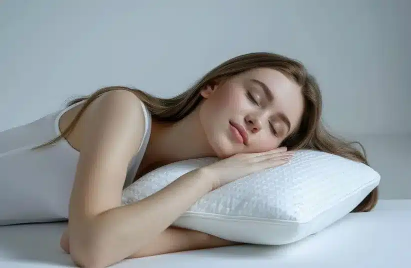 Image of A woman peacefully sleeps on a white pillow, wearing a white tank top. Her expression is serene, set against a soft, neutral background. dreaming of teeth falling out