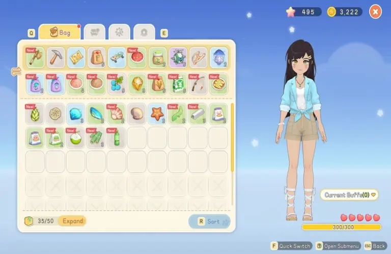 Starsand Island game screen showing an inventory menu on the left with various items labeled "new," and a female avatar on the right in a blue shirt and shorts.