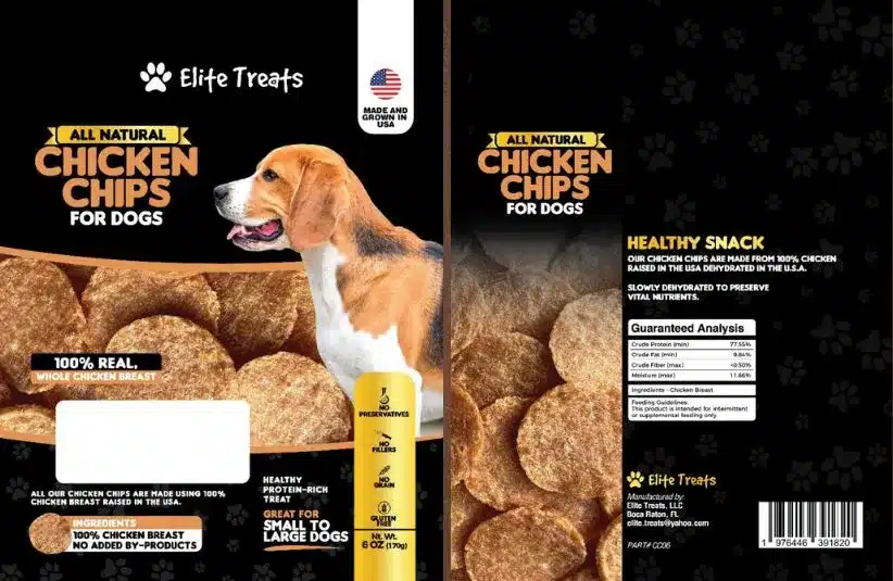 Elite Treats Chicken Chips for Dogs package which is part of the Feb 2026 recall