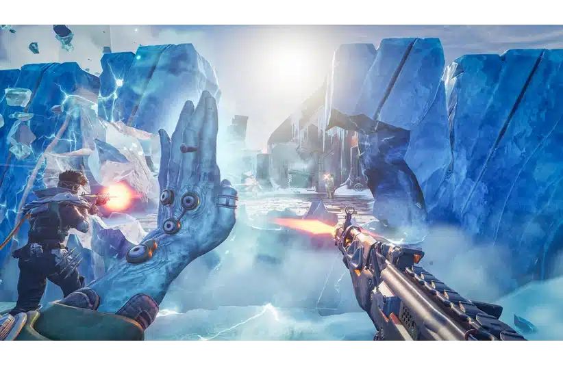 Highguard battle scene in an icy landscape. A soldier fires a gun, another commands with a robotic hand. Dramatic, cold, and tense atmosphere.